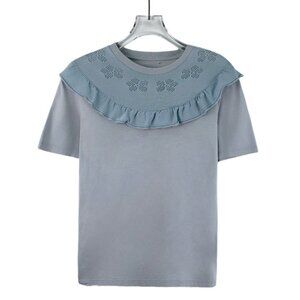 Miu Miu Light Blue Lotus Leaf Lace Cutout Round Neck Short-Sleeve T-Shirt Size S